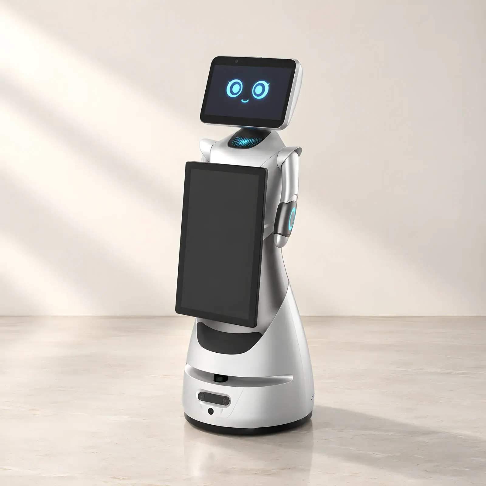 OrionStar GreetingBot AD on the Reef studio set, composed from the manufacturer's product photographs