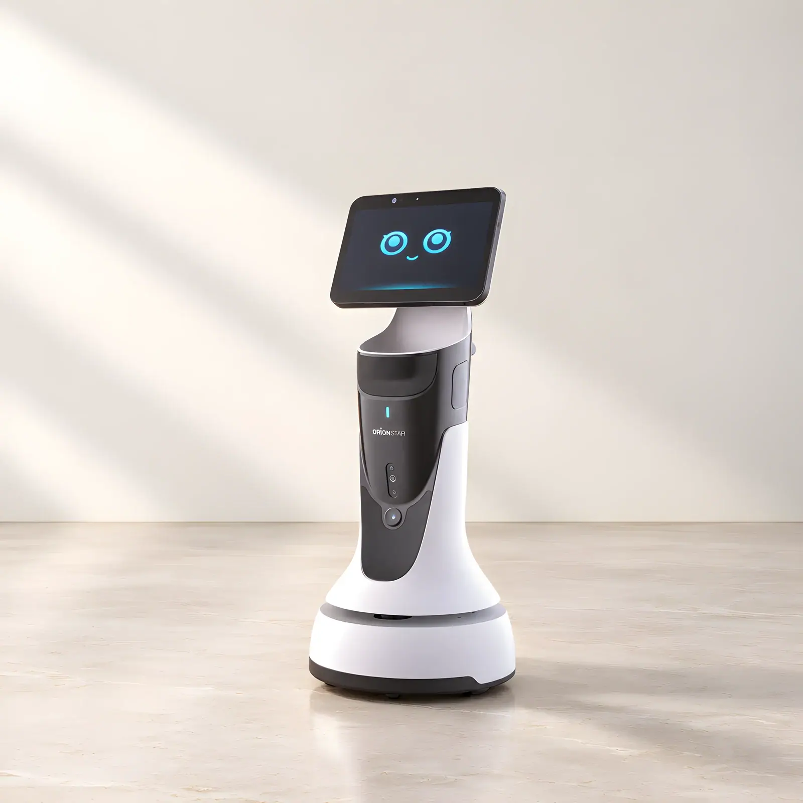 OrionStar GreetingBot Mini on the Reef studio set, composed from the manufacturer's product photographs