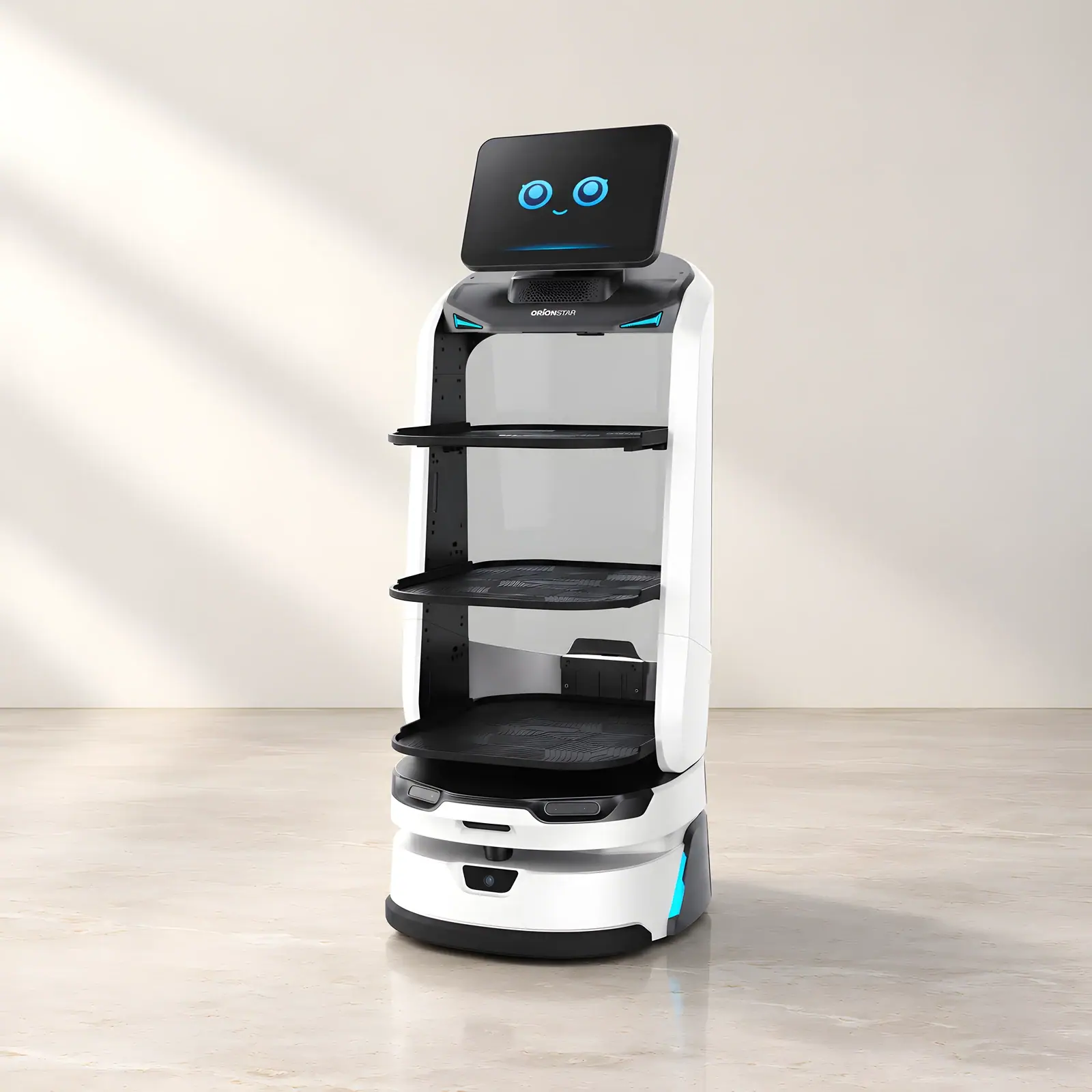 OrionStar LuckiBot Pro on the Reef studio set, composed from the manufacturer's product photographs