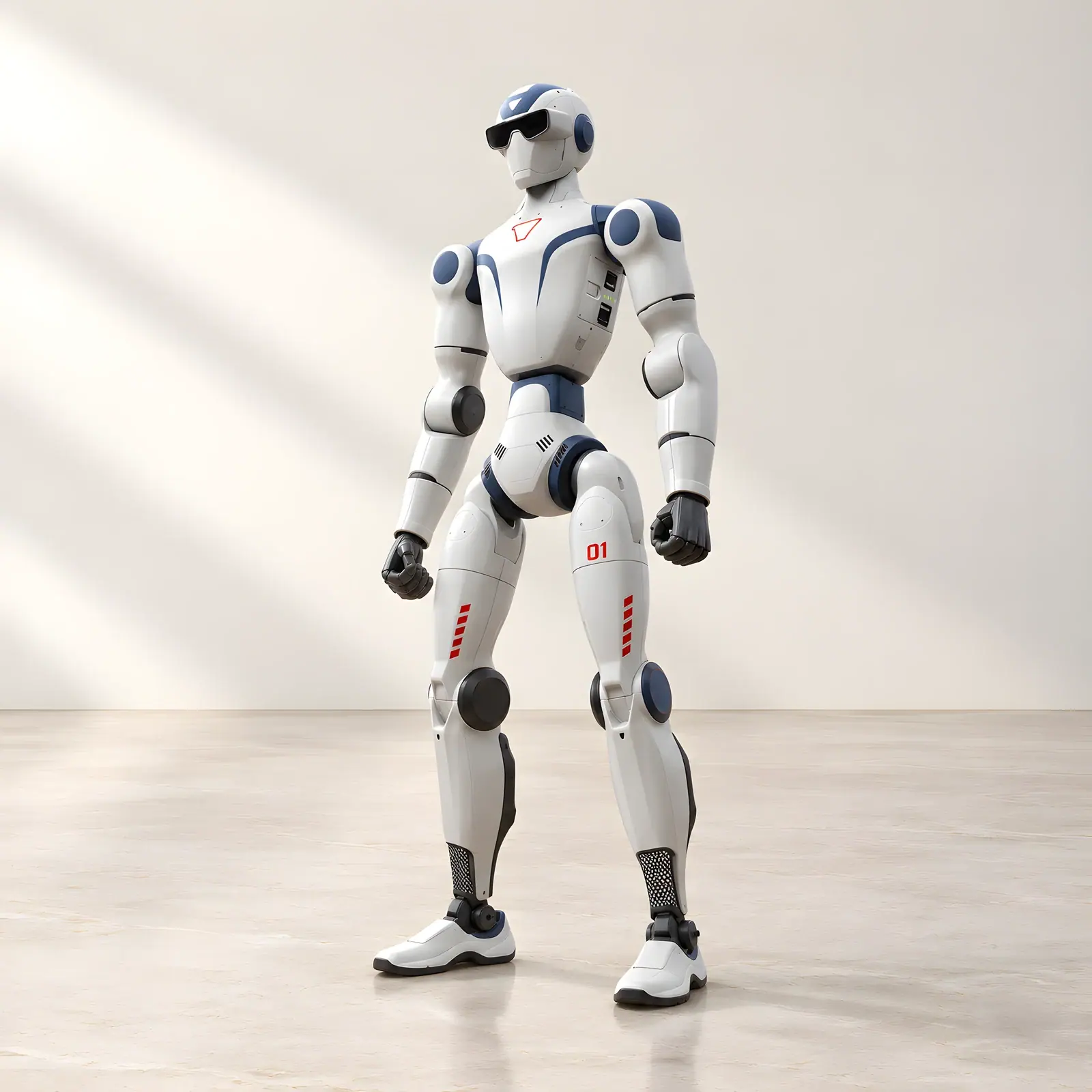 Unitree R1 Basic on the Reef studio set, composed from the manufacturer's product photographs