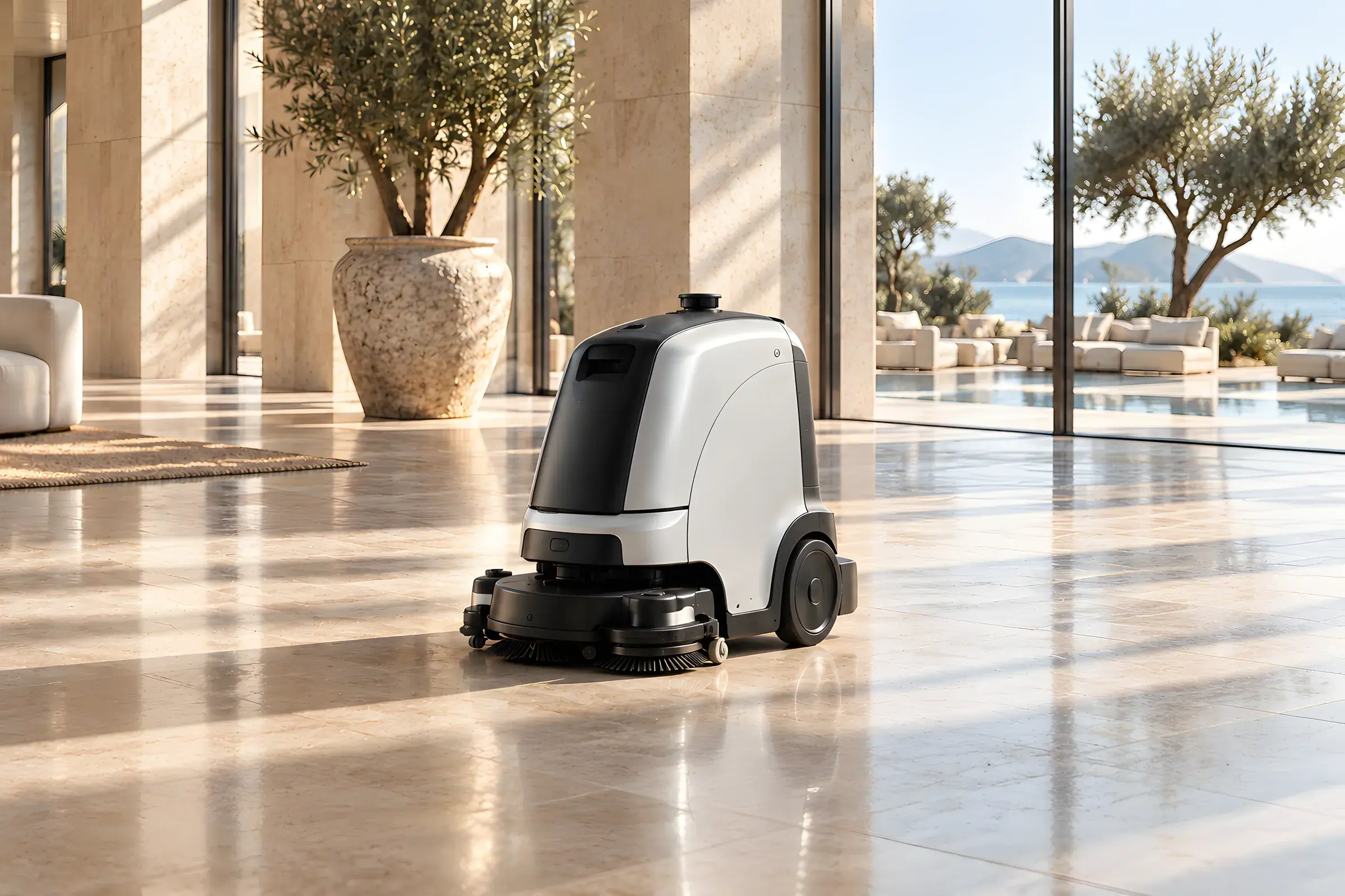 An autonomous floor-cleaning robot on the polished stone floor of a sunlit hotel lobby