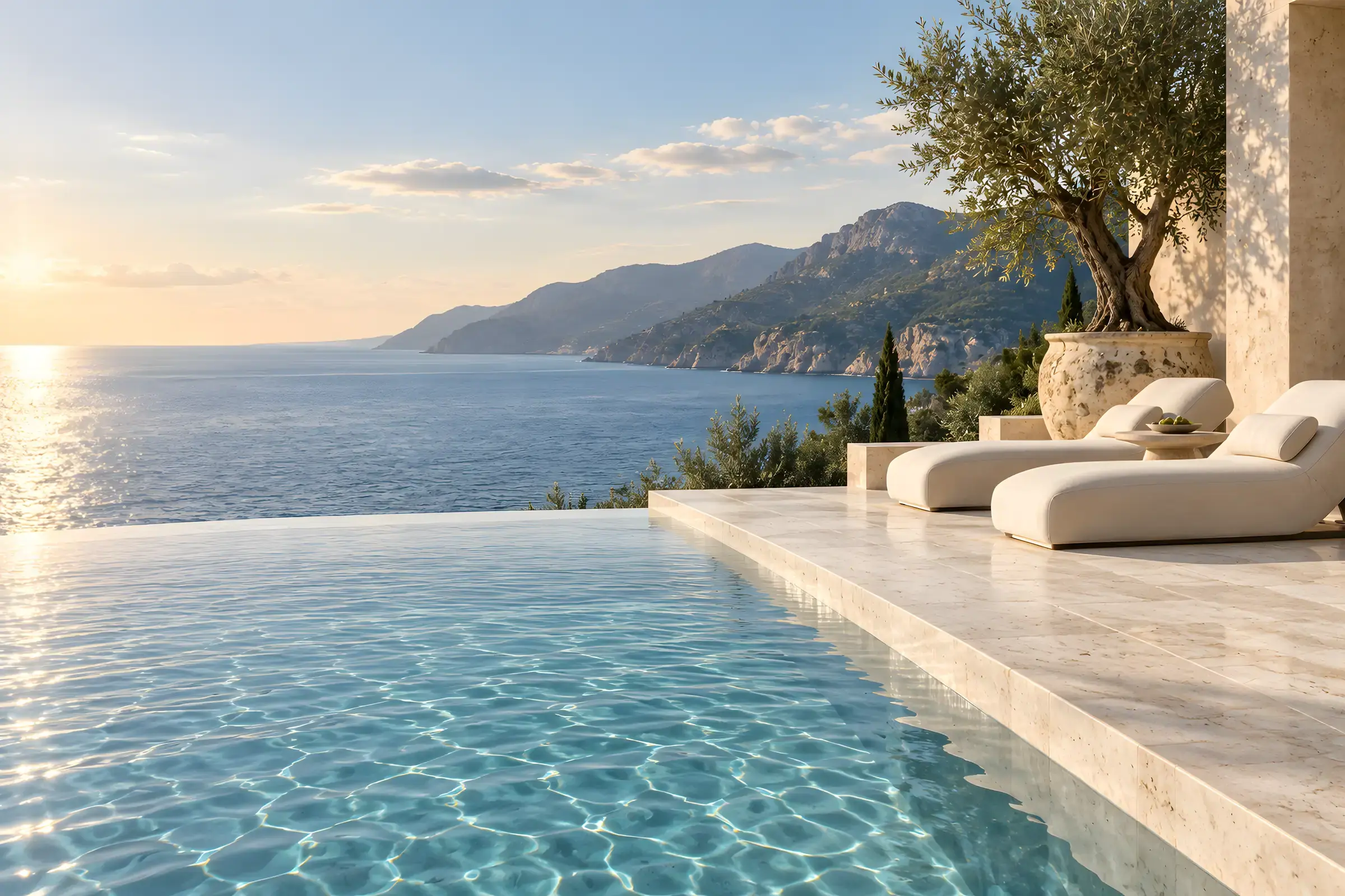An infinity pool and limestone terrace above the Mediterranean coast