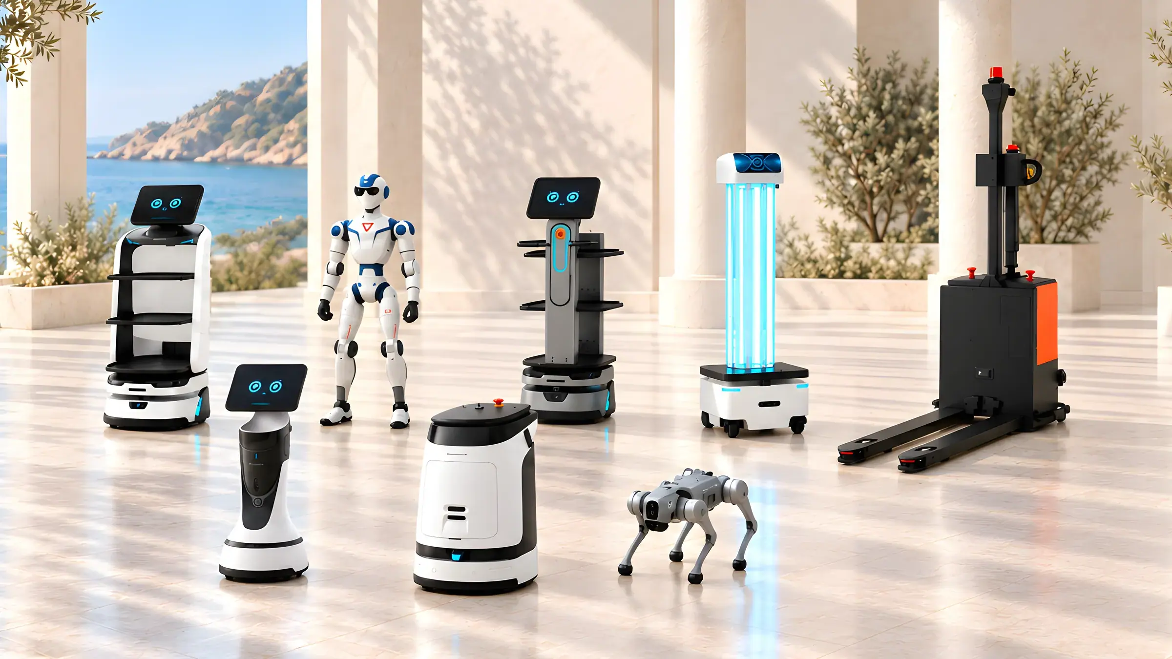 Eight Reef robots in two rows in a coastal limestone pavilion: LuckiBot Pro, Unitree R1, CarryBot 2, Sword 3 and the IronHide forklift at the back; GreetingBot Mini, CleaniBot M1 and Unitree Go2 in front