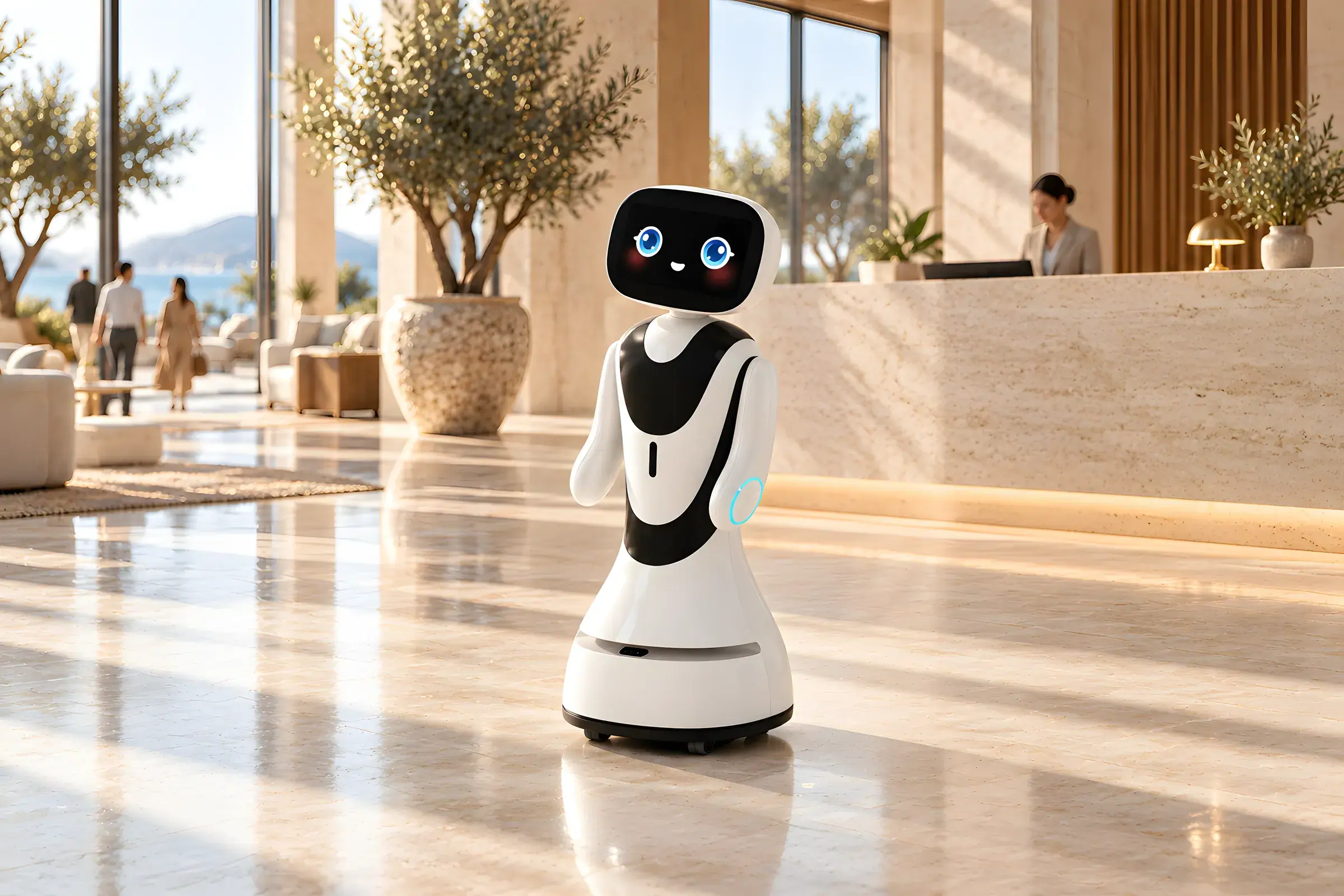 The Alpha Robotics TIMO reception robot greeting visitors in a sunlit hotel lobby