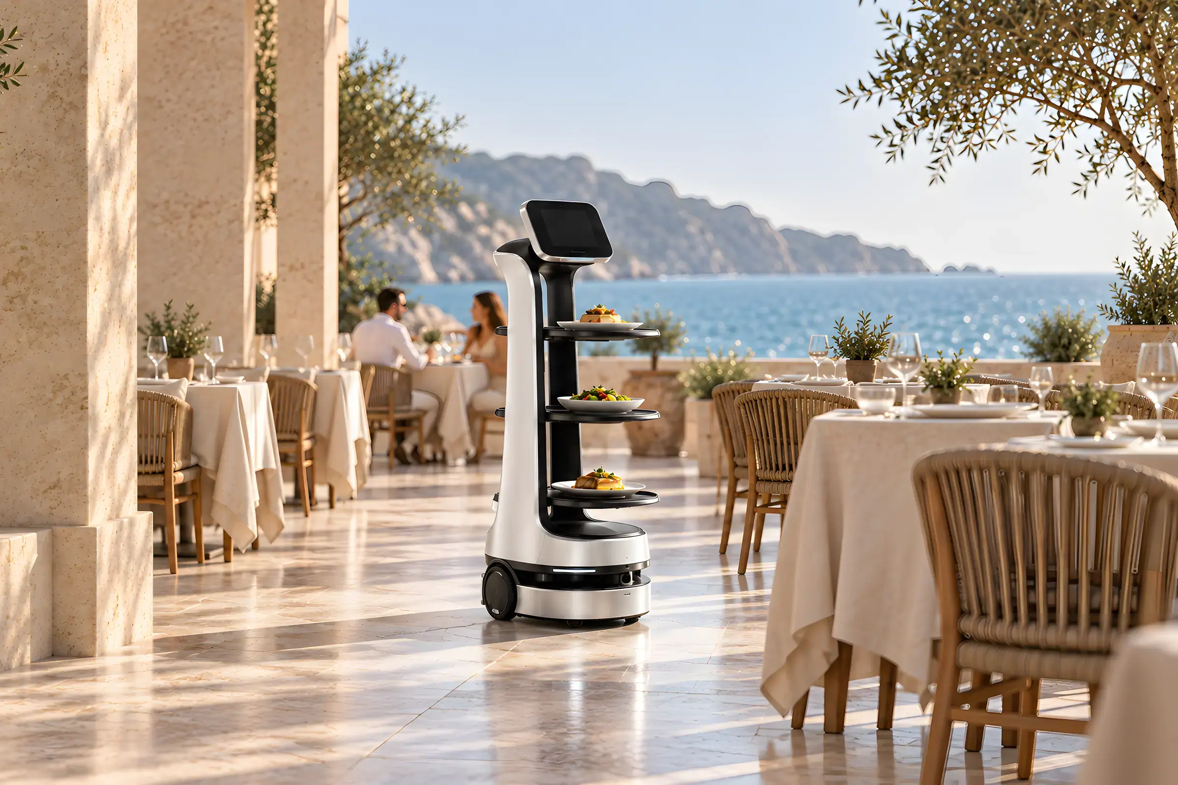 A waiter robot carrying plates across a sunlit seaside restaurant terrace