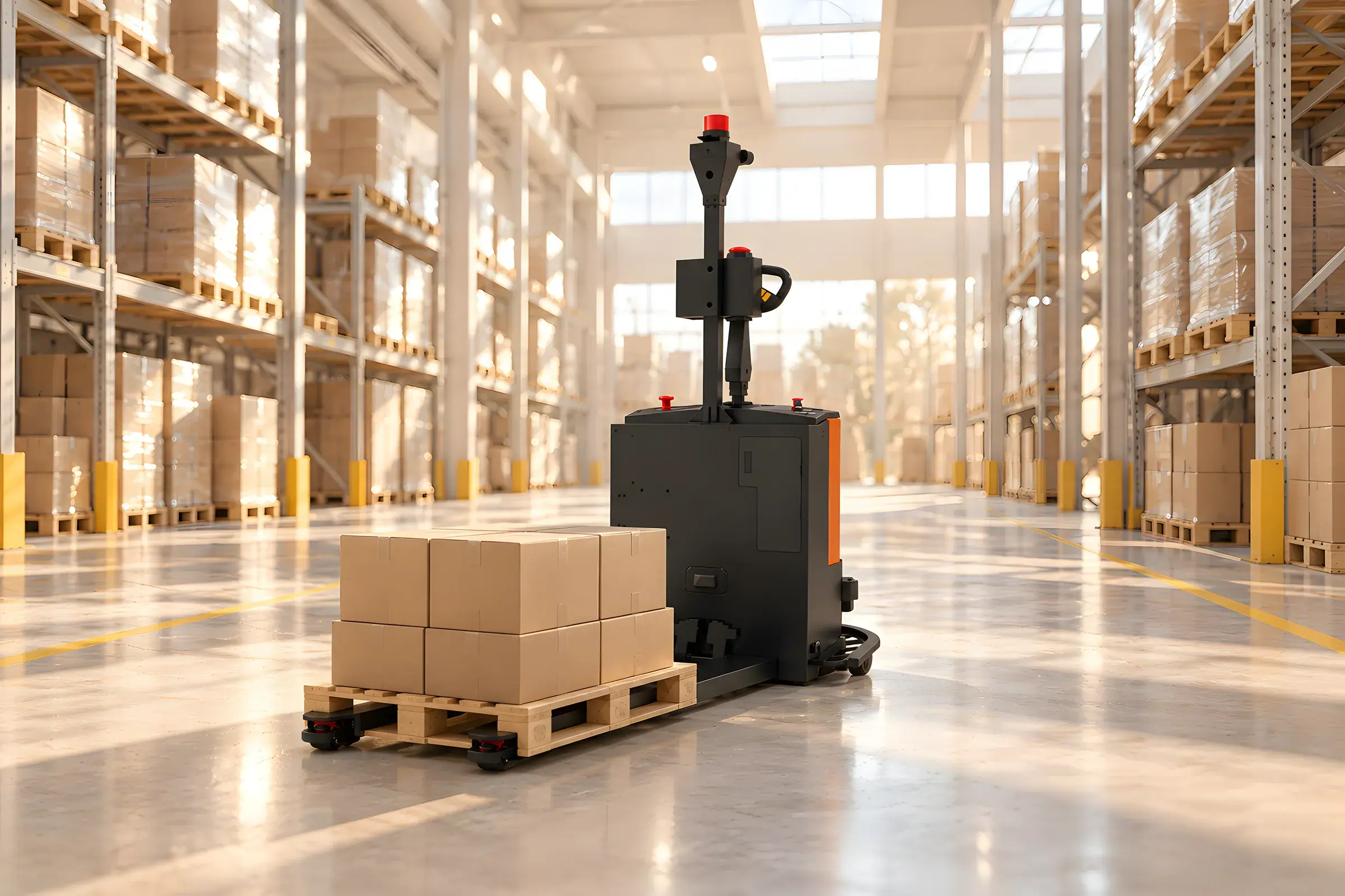 The Reeman IronHide autonomous forklift carrying a pallet through a bright warehouse
